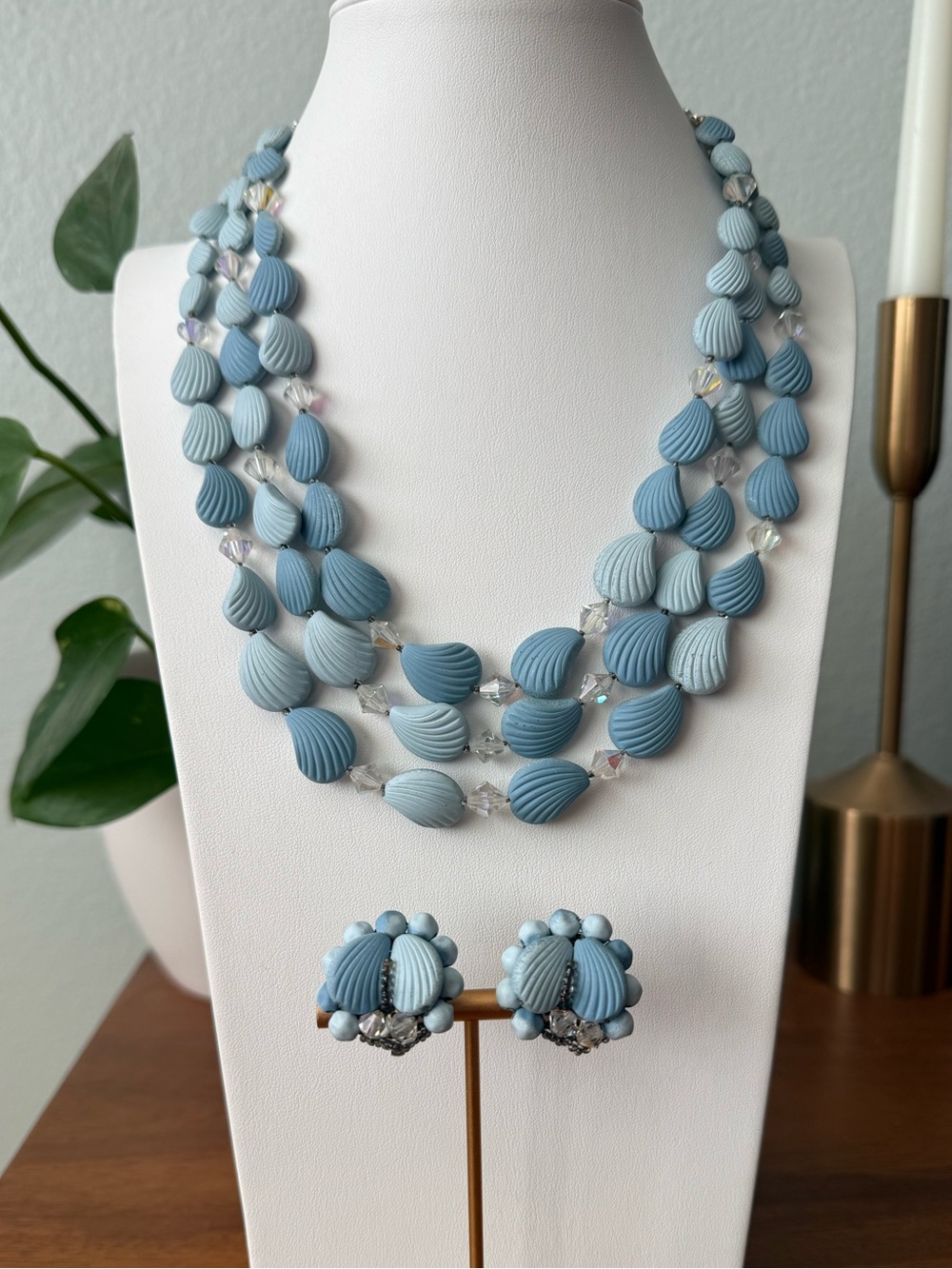 Vintage Signed Japan 2 Tone Blue Shell & Crystal Bead Necklace & Earrings Set